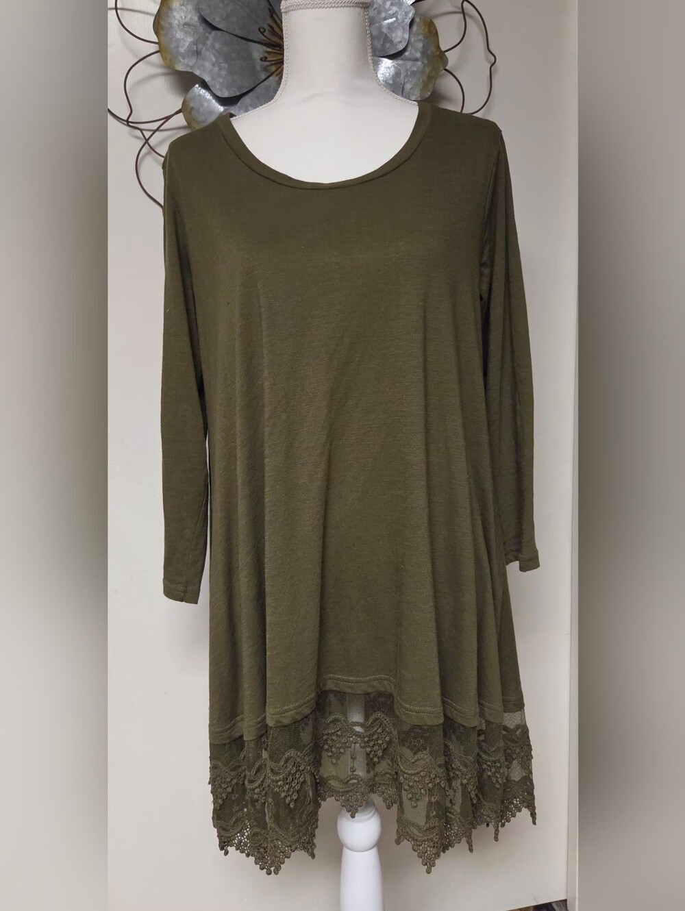Charlie Paige Olive Green Long Sleeve Lace Hem Dress
